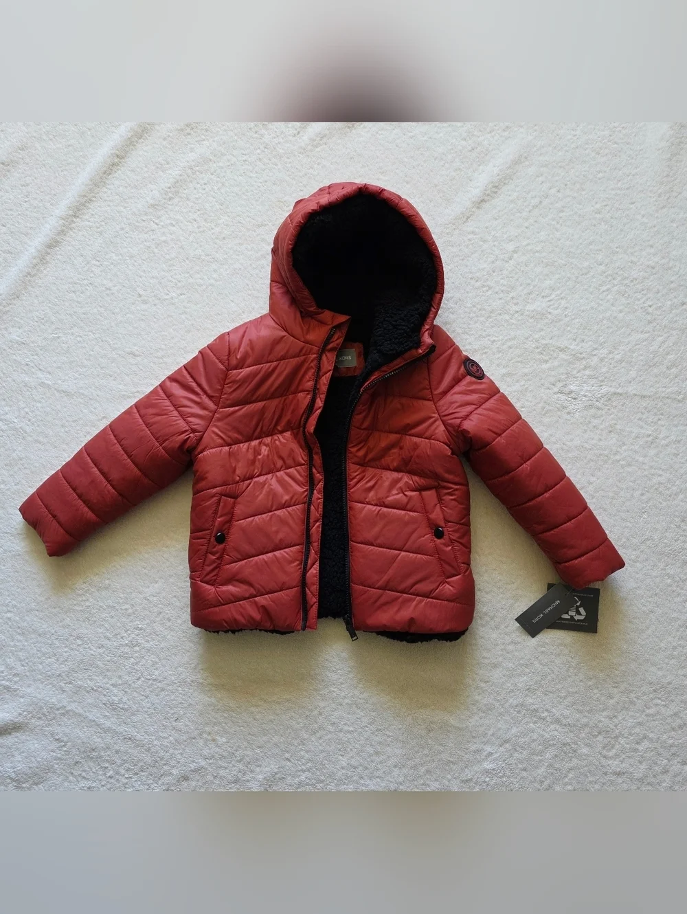 Michael Kors Boys Puffer Coat Sz 5/6 Burnt Terracotta, Faux Sherpa Lined NWT